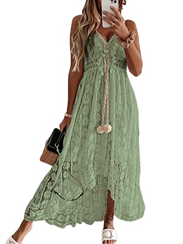 CUPSHE Damen Sommerkleid V Ausschnitt Floral Spitze Quasten Spaghetti Trägerkleid Freizeitkleider Hi-Low Party Boho Beach Maxi Dress Grün L