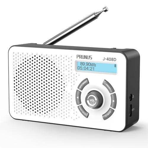 PRUNUS J-408 UKW DAB Radio mit Bluetooth 5.3, DAB Plus Radio Batteriebetrieben oder 2000mAh Akkubetrieb, Digital Radio mit 40-FM & 40-DAB Voreinstellungen, Kopfhörerbuchse/Dual Alarm/Sleep-Timer.