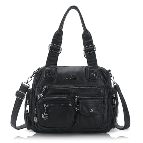 Angel Kiss Große Geldbörsen für Frauen Multi Pocket Hobo Handtasche Damen Tote Satchel Bag Weiches Leder Schultertasche, Schwarz