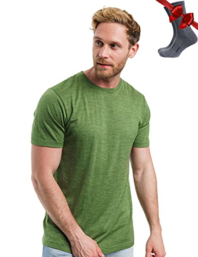 Premium Merino Shirt Herren Kurzarm - Atmungsaktiv 100% Merinowolle Tshirt Herren + Wanderwollsocken (Olive Grove, Large)