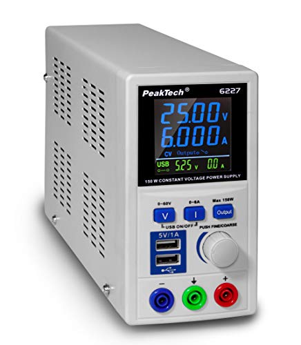 PeakTech P 6227 – DC Labornetzteil 0-60V/0-6 A LCD Anzeige, Labor Netzgerät inkl. 2x USB Port, Netzteil mit regelbarer Ausgangsspannung, Labornetzgerät Betriebsspannung 115-240V AC 50-60Hz EN 61010-1