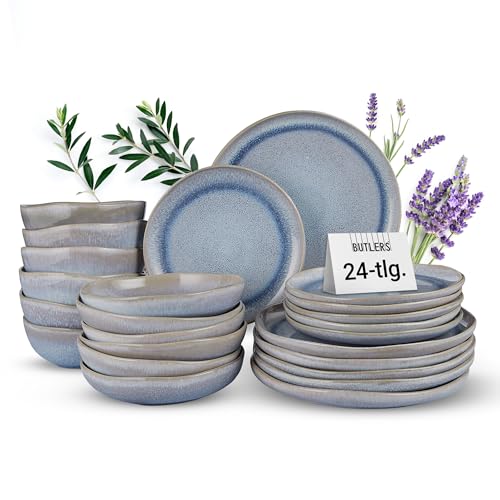 BUTLERS Geschirrset 6 Personen HILDA 24-tlg. Steinzeug Geschirr Set blau Tafelservice Landhaus | Speiseteller Frühstücksteller 6er Set, Schüssel Set, Pasta Teller | Mikrowellen- & spülmaschinenfest