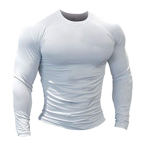 Muscle Alive Herren Fitness Langarmshirts Fest Kompression Grundschicht Bodybuilding Tops Polyester und Spandex 9309 Weiß L
