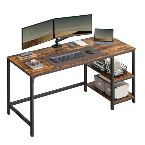 VASAGLE Schreibtisch, Computertisch, PC-Tisch, Bürotisch, mit 2 Ablagen auf der rechten oder linken Seite, fürs Büro, Wohnzimmer, Stahlgestell, Industrie-Design, vintagebraun-schwarz LWD55X
