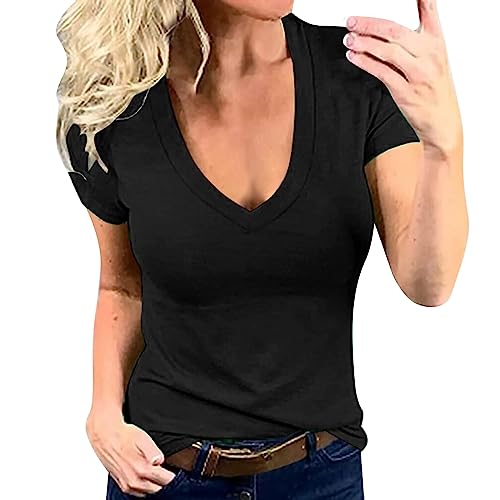 CGGMVCG Damen-Tops, einfarbig, tiefer V-Ausschnitt, modisch, sexy, kurzärmelig, Damen-T-Shirt, Schwarz, XL