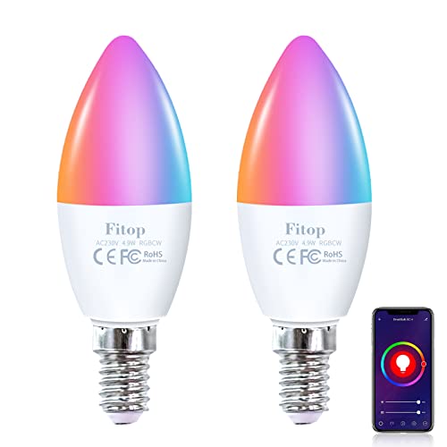 Fitop Alexa Smart Glühbirnen, E14 Wlan LED Lampen Dimmbar Glühbirne 4.9W 470Lm+2700-6500K+RGB 16 Millionen Farben, App Steuern Kompatibel mit Alexa/Google Home, Sprachsteuerung 2 Pack