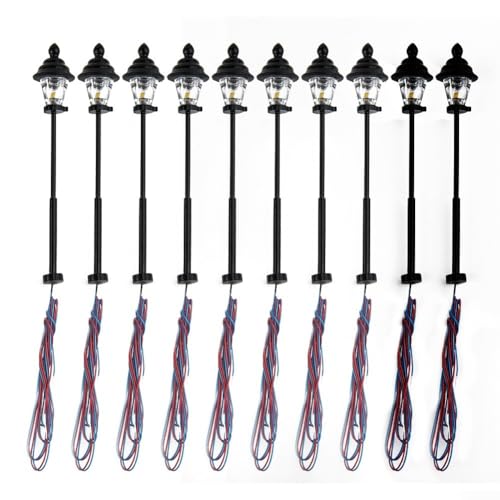 Lioaeust Modelleisenbahn Led Laternenpfahl, 10 Stück 1:160 3V LED Park Laternen Lampen, N Maßstab 1:160, warmweiße LED, LED Beleuchtung für Modelleisenbahn Bonsai Dekor (4.7cm)