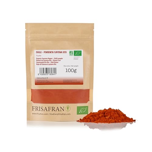 FRISAFRAN | Cayenne Pulver BIO / Chilipulver BIO | 100g | Reiner Bio Cayennepfeffer | Intensiver Geschmack mit 90 | 000 HU Schärfe | Ideal zum Würzen und Genießen