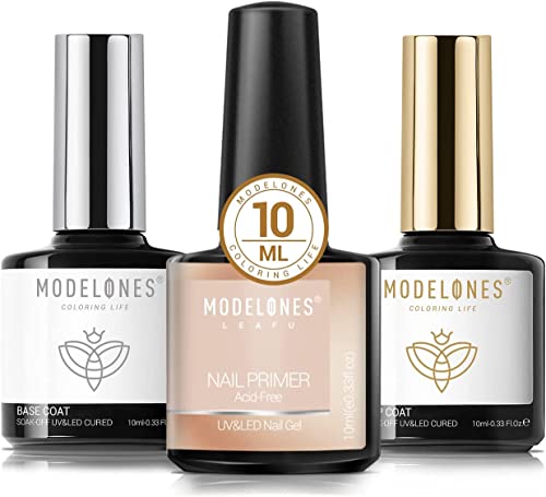 Modelones Base Coat Top Coat und Nail Primer Set, 3 x 10ml UV LED Gel Nagellack No Wipe Unterlack und Überlack Nägel Gellack Nageldesign Maniküre Set