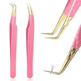 Tyqour 2 Stück Wimpern Pinzette, Pinzette Mit Gebogenen Spitzen Aus Edelstahl, Professionelle Wimpernpinzette für Wimpernverlängerungen Rosa