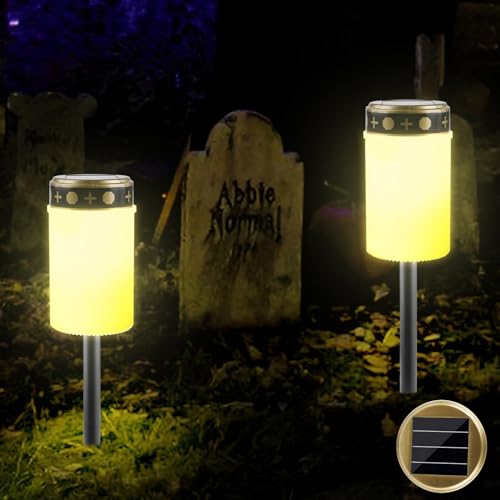 BAIFULAI 2er Pack Solar Grablicht, 7cm x 12 cm, Wasserdichtes Outdoor Friedhofskerze Solarbetrieben mit Lichtsensor, lange lebensdauer mit Dauerlicht, Stabilisierungsbügel mit Erdspieß (weiß)