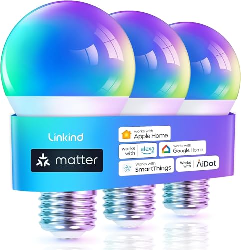 Linkind Matter Smart RGBTW Birne, 9W=60W Wlan Intelligent E27 Glühbirne 1800-6500K Mehrfarbig, 3-100% Dimmbar, Musik Sync, A60 Lampe kompatibel mit Apple Home/Alexa/Google Home/SmartThings, 3 Stück