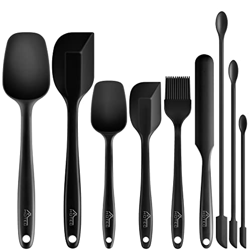 Hotec 9-teiliges Silikon-Spatel-Set, Küchenutensilien zum Backen, Kochen, Mischen, hitzebeständig, antihaftbeschichtet, BPA-frei, lebensmittelecht, spülmaschinenfest, schwarz