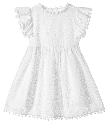 Beganly Mädchen Elegante Prinzessin Spitzenkleid Kleinkind Vintage Pom Pom Flatterärmel Party Kleider Weiß 100 (White)