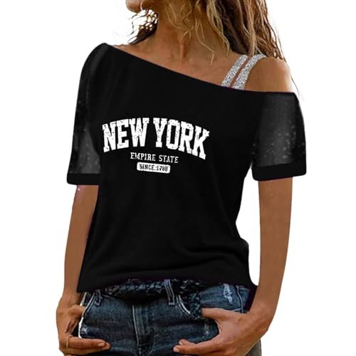 Briskorry Tunika Damen Oberteile Kurzarm Schulterfrei Blusen Sexy Glitzer Spitze Tops Modisches Lässig Bluse Elegant Pailletten T-Shirt für Sommer Spitze Sweatshirt Streetwear