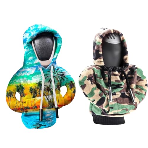 2 Stück Schaltknauf Hoodie, Schalthebel Hoodie Hoodie Schaltknauf Hoodie für Schaltknauf, Lustige Hoodies Schalthebel Dekoration Hoodie Schaltknauf Auto Innenraum Deko (Camouflage-Stil Küstenstil)