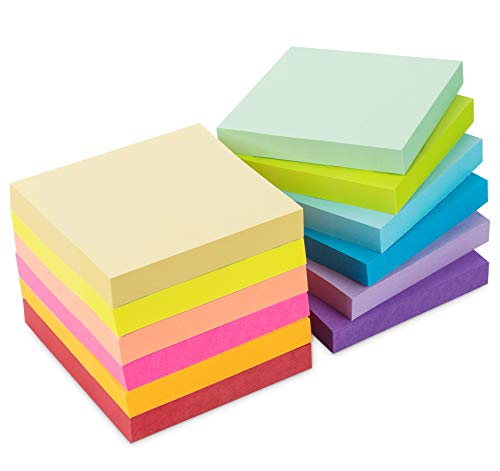 12 Stück Haftnotizen 76x76mm Super Sticky Notes selbstklebende Haftnotizzettel Sticky Notes Klebezettel bunt zettel farbig Notizblöcke für Büro Haus, 1200 Blatt insgesamt, 12 Farben