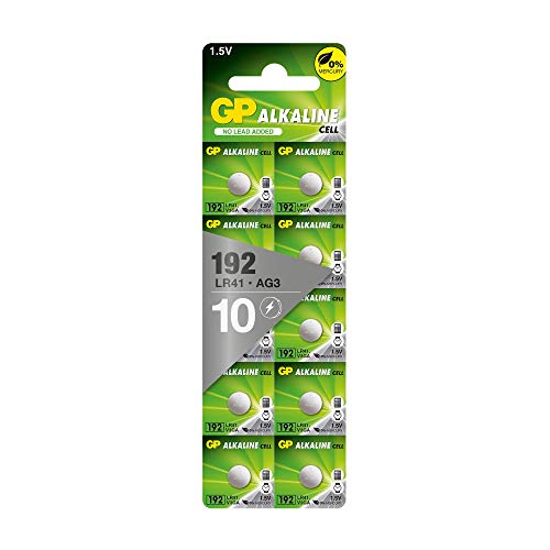 GP Alkaline Knopfzellen LR41 | Batterien kompatibel mit Bezeichnung AG3, 192, GP192A, LR736 | 10 Stück Knopfbatterien 1,5V