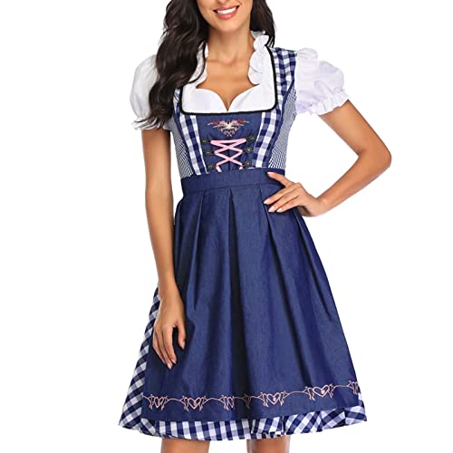 Dirndl Damen Midi, Trachtenkleid Damen Hochgeschlossen,Dirndlkleid Damen Trachten Kleid + Dirndlbluse Blau Trachtenmode Dirndelkleider Dirndl & Dirndl-Sets für Frauen Mädchen Oktoberfest Outfit