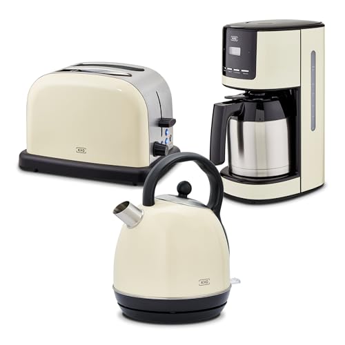 KHG Frühstücksset 3-teilig Kessel-Wasserkocher, Toaster & Thermo-Kaffeemaschine, Creme Beige Retro American Diner, Kapazität 1,7 Liter, 2 Toastscheiben, 12 Tassen Kaffee, 6 Röststufen, LCD-Anzeige