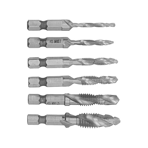 TICFOX 6-teiliges Kombi-Gewindebohrer-Set mit Sechskantschaft, Spiralnut-Bohrgewindebohrer, Schnellarbeitsstahl-Gewindeschneidwerkzeug (Silber)