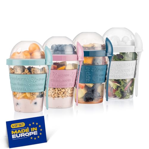 Winkly® Müslibecher to go mit Löffel, 4er SET 600ml, Praktischer Joghurtbecher to go, Wiederverwendbarer Müsli to Go Becher zum Frühstück, Perfekt für Schule, Büro & Reise. BPA-FREI