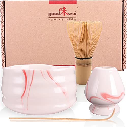 Goodwei Japanisches Matcha Komplett-Set mit hochwertiger Teeschale (Pink Marmor, 80)