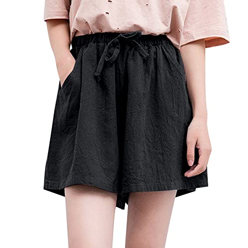 Shorts Damen Sommer Linen Musselin Kurze Hose Damen mit Zwei Taschen Lässige Stretch Weite Solid Color Elegant Gerades Bein Sporthose Stoffhose Gummiband Strandhose Leinenhose Damen Kurz