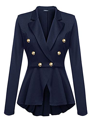 JIER Damen Rüschen Blazer Jacke Elegant Freizeit Schlank Business Lange Hülse Büro Jacken Knopf Anzug Gothic Outwear Mantel mit Langen Ärmel (Blau,X-Large)