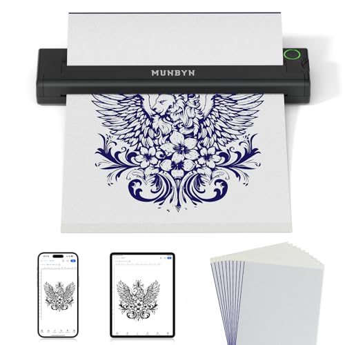 MUNBYN Tattoo Drucker Bluetooth Stencil Drucker Tattoo Printer für haut Tattoodrucker mit 10 Blatt A4 Tattoo Transferpapier Thermodrucker Tattoo für Anfänger, Kompatibel mit Android iOS Mac