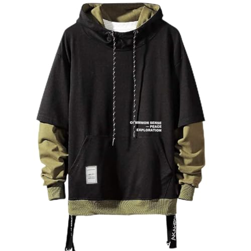 Moshtashio Kapuzenpullover für Herren, Patchwork Hoodie mit Kontrastfarbe Langarm Basic Sweatshirt Pullover mit Kapuze(Schwarz,5XL)