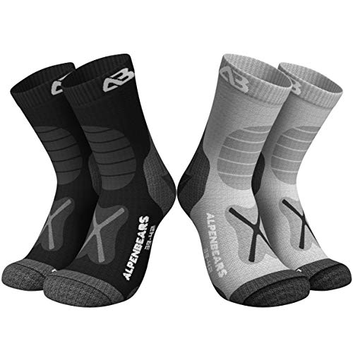 Alpen Bears Premium Wandersocken aus Merinowolle – [2 Paar] – Professionelle Trekkingsocken für Damen, Herren & Kinder, Grau/Schwarz, 43-48
