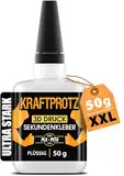 50 g 3D DRUCK Sekundenkleber extra stark - Inkl. Anti-Austrocknung-Spitze - KRAFTPROTZ - Flüssiger Superkleber - Wasserfest - PLA-Kleber, ABS-Kleber, PETG-Kleber & TPU-Kleber