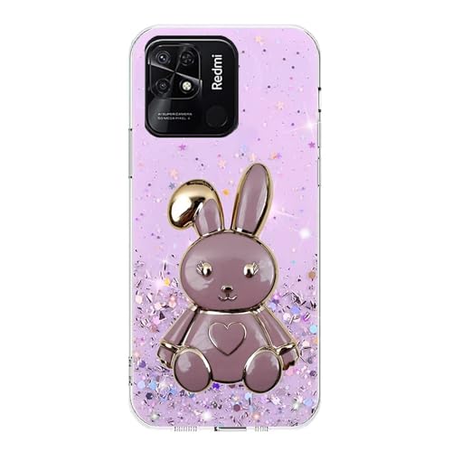 Rnrieyta Miagon Kaninchen Ständer Hülle Glitzer für Xiaomi Redmi 10C,Cute Dünn Crystal Schutzhülle Weiches Bling Transparent Case Bumper mit Herz Hase Halter Kickständer