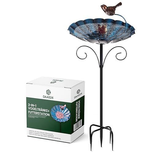 2-in-1 Vogeltränke & Futterstation – Vogeltränke frostsicher, 26 cm Schale, 83 cm Ständer, Vogeltränke stehend, Futterspender für Vögel, Vogeltränke Winterfest, Futterschale & Wasserstelle stehend