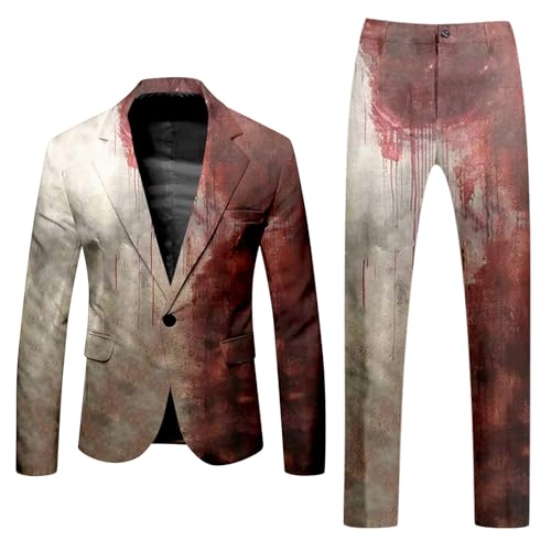 Caxndycing Halloween Anzug Herren Blutspritzer Horror Outfits Casual Rundhalsausschnitt Blutspritzer Muster Blazer Hose Entsetzen Blutig Bedruckt Sakko Anzughose Blutiger Anzüge