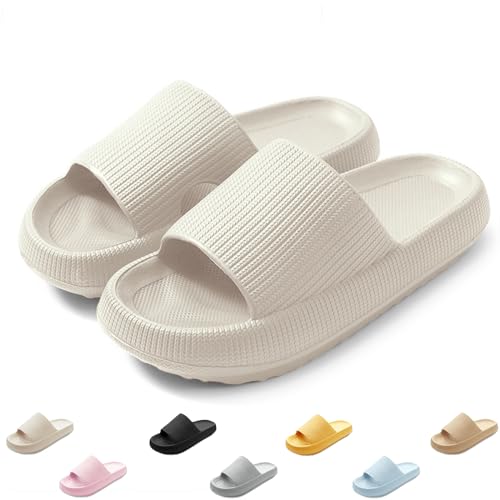 QJJQ Badeschuhe Herren Damen Cozislides Original Slippers Wolke Schlappen Super Weich Rutschfest Badelatschen Hausschuhe Sommer Pantoletten Badeschlappen Flip Flops,Beige, 38-39 EU