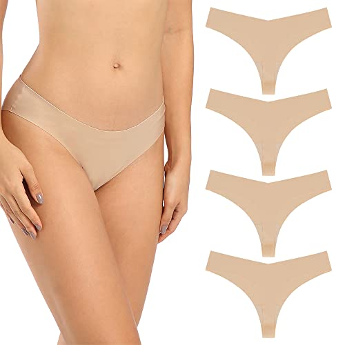 SHARICCA Nahtlose String Tanga Damen Unsichtbarer Tangas Unterwäsche Frauen mit Niedriger Taille 4er Pack (4 Beige, S)