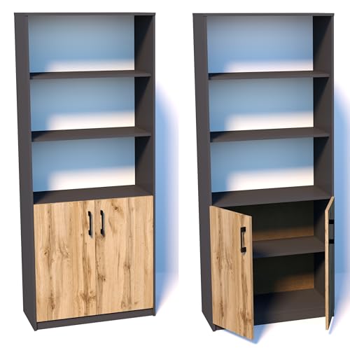 Praktische Bücherregal Schrank 180 cm mit 2 Türen 5 Fächern Groß Mehrzweckschrank Aktenschrank Büroschrank Haushaltsschrank (Graphit/Wotan)