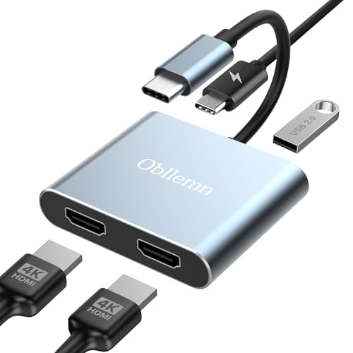 USB C auf Dual HDMI Adapter, 4 in 1 Typ C to HDMI Splitter for Dual Monitors, mit USB 2.0+2 * 4K+PD 100W, für MacBook Pro/Air, iPad, Surface, Dell, Chromebook