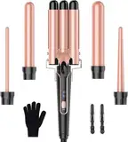 BESTOPE PRO Lockenstab Lockenstäbe 3 Fässer Welleneisen 5 in 1– Lockenstab Set 3 Fässer für großer Wellen, Temperatureinstellung, Schnellaufheizung und einem Handschuh, 2 Clips, Roségold