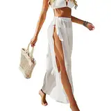 Damen Sarong Pareo für Strandurlaub, Lange Strandkleid Sommer Bikini Cover Up Chiffon Badeanzug Wickelrock Strand Rock Frauen Mädchen Side Strappy Sarong Strandrock Strand Wear Cover (Weiss)