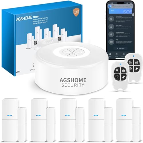 AGSHOME Alarmanlage 8-teiliges, Smart Home Alarmanlage Haus mit APP, WLAN Alarmanlage Set mit Sirene, 5 Fenster Tür Sensoren Und 2 Fernbedienungen, Alarmanlage für Haus, Wohnung, Wohnmobil