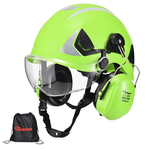 SAFEYEAR Sicherheit Harter Hut mit Anti-Kratzer Brille,Ohrenschützer,EN397 Sicherheitshelme mit Kinnriemen Leichte reflektierende belüftete ABS Harte Hüte für Industriearbeiter 6-Punkt Aufhängung