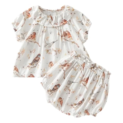 Yhong Schlafanzug Baby Mädchen Sommer Lässige Bekleidungsset Kurzarm Oberteil Bloomers mit Cartoon Druck Neugeborene Nachtwäsche Elster 86-92