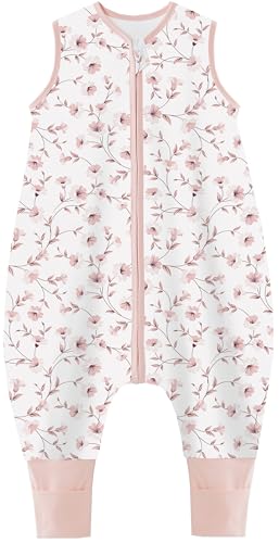 Teechodina Baby Schlafsack mit Füßen 100% reine Baumwolle 1.5 Tog Kinder Ganzjahres Schlafsack mit Beinen kleinkind Schlafanzug für Jungen und Mädchen, 1.5 Tog/Kirschblüte, 80cm/Baby Höhe 90-100cm
