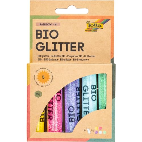 folia 57812 - Bio Glitter Mix RAINBOW M, 5 Tuben à 7g, organischer Glitzer in 5 verschiedenen Farben, zum Verzieren und Dekorieren