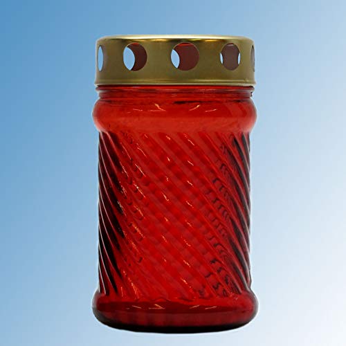 LAVABIS 2 Stück Grablicht Glas, rot, Ø 7 cm, 13 cm H, mit Golddeckel inkl. nachfüllbare Flüssigwachskerze