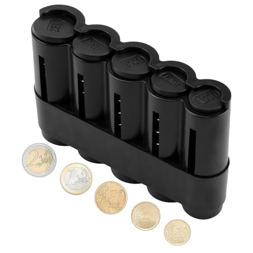 Münzbox mit 5 Fächern, Münzspender in Schwarz, Kleingeld Sortierer für 2€, 1€, 50 Cent, 20 Cent und 10 Cent, Robustes Kunststoffdesign