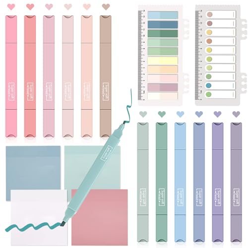 Johiux 12 Textmarker Pastell 600 Blätter Transparente Haftnotizen,Sticky Notes Transparent mit Marker StifteSet,Für Back to School Aesthetic Bible Marker Book Annotations School Supplies Bürobedarf.